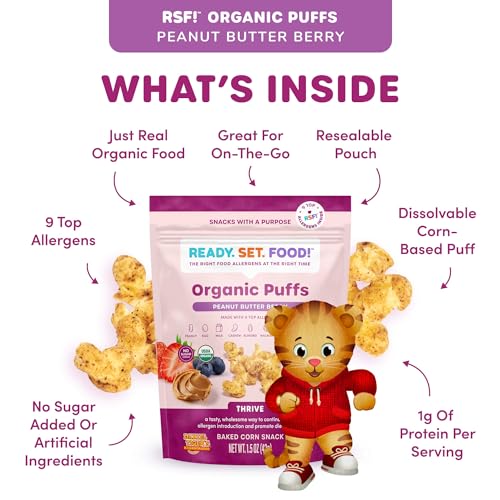 Ready Set Food Organic Puffs – Early Allergen Introduction Snack Puffs w/ 9 Top Allergens: Organic Peanuts, Cashew, Egg & More, No Added Sugar, Babies 8+ Months (Peanut Butter Berry, 2 Pack)