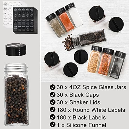 Tebery 30 Pack Glass Spice Jars Square Glass Bottles with Black Caps, 4oz Empty Spice Containers Shakers Complete Organizer Set Includes Shaker Lids, Wide Funnel and Labels