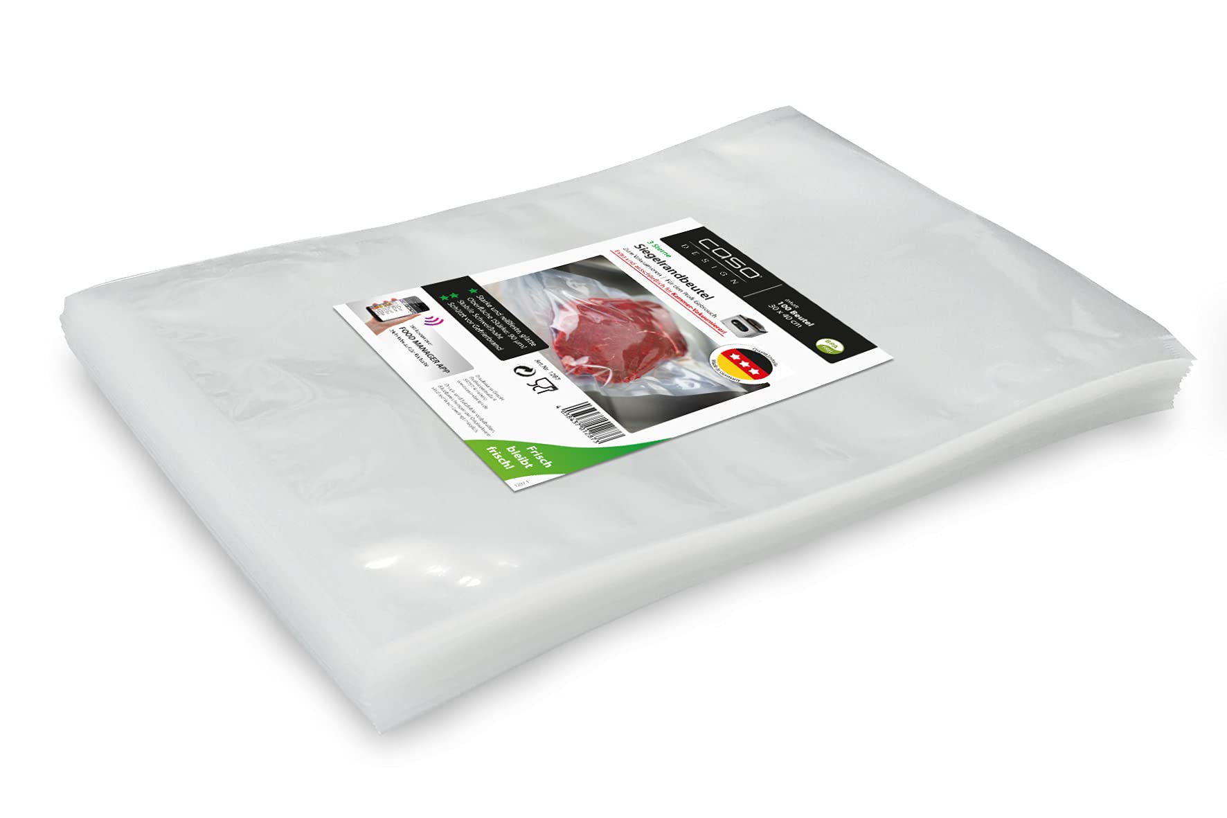 CASO Siegelrandbeutel 30 x 40 cm, 90 mμ, 100 Stück, ausschließlich für Kammervakuumierer, glatte Oberfläche, stabile Schweißnaht, BPA-Frei, Sous Vide, Made in Germany