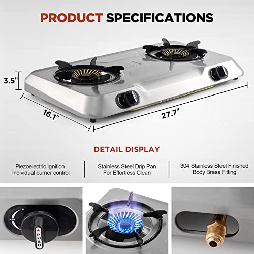 Propane Gas Cooktop 2 Burner Gas Stove Portable Gas Stove Stainless Steel Stove Dual Burner Auto Ignition Camping Dual Burner Lpg For Rv, Apartment, Outdoor #TOP1
