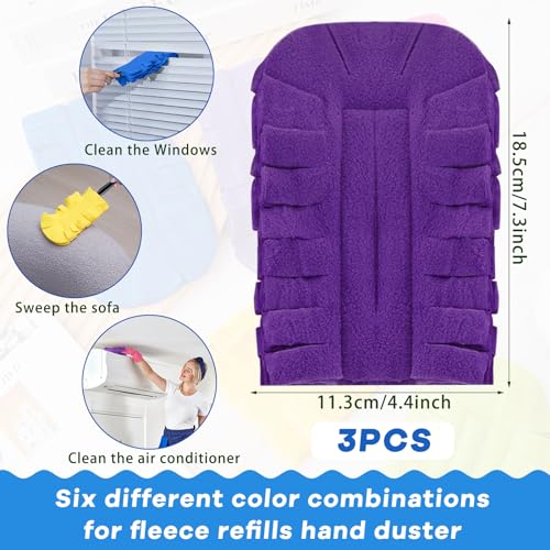 Image of Zubebe 3 Pcs Reusable Duster Refills Fleece,Yellow, Blue, Purple | Soft Polyester Fiber Flat Duster Refill Multi Surface Washable Cleaning Pad Tools for Home, Blinds, Car, Pet, Furniture, Fans
