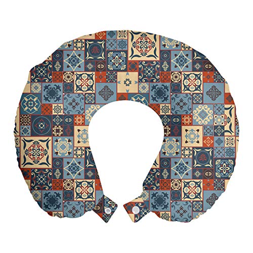 ABAKUHAUS marroquí Cojín de Viaje para Soporte de Cuello, tunecino, de Espuma con Memoria y Funda Estampada, 30x30 cm, Naranja Azul de la Pizarra