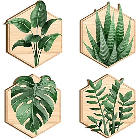 4 Pieces Framed Green Leaves Prints Wall Art Wooden Abstract Watercolor Pictures Paintings Botanical Wall Plant Decor Tropical Boho Framed Plant Wall Art for Kitchen Living Room Home Decoration Cover