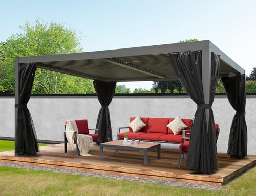 Domi Louvered Pergola 12' × 16', Outdoor Aluminium Pergola with Adjustable Roof, Curtains and Netting, Hardtop Gazebo for Patio, Deck, Garden, Yard, Beach(Gray) - Image 2