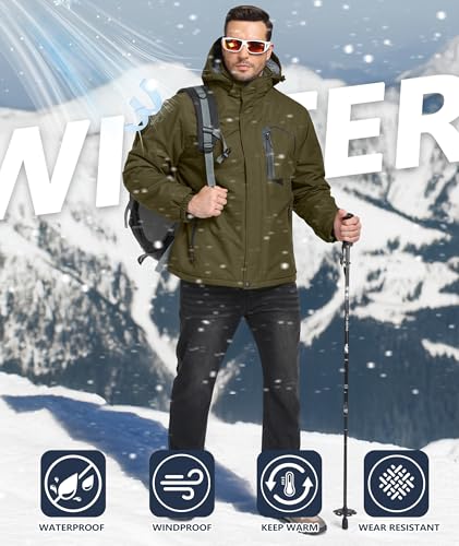 Image of Mens Winter Jackets Waterproof Warm Fleece Ski Jacket with Hood Thermal Windproof Coat Zip Pockets