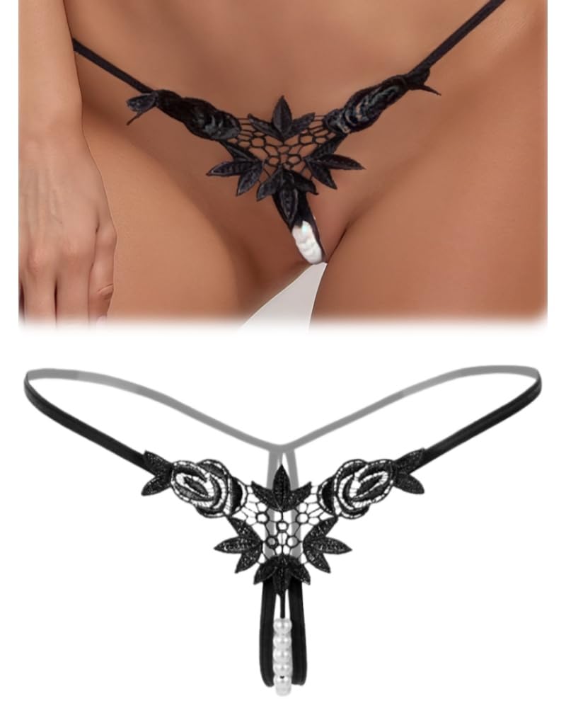 KING STORY Sexy G-String Tanga Mit Perlen Schwarz Spitze Slip Ouvert Für Frauen Große Größen Spitze Dessous Damen Sexy Unterwäsche für Frau Soft Höschen