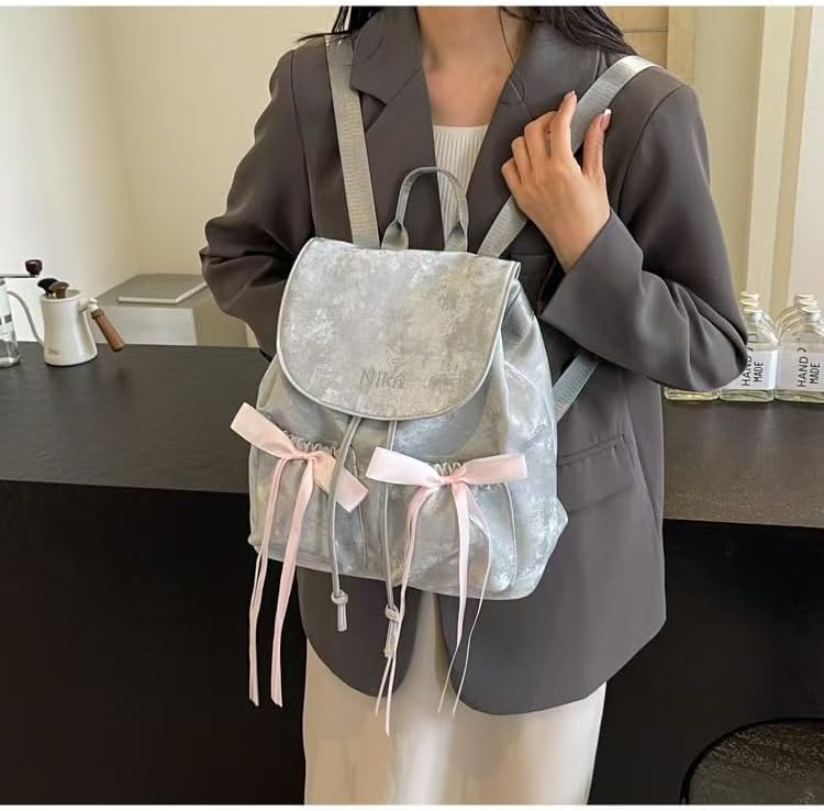 Cute Backpack Kawaii Shoulder Bag, Women Aesthetic Trendy Y2k Purse Coquette Mini Backpack Bow Tie Grunge Trendy Bag (Silver)