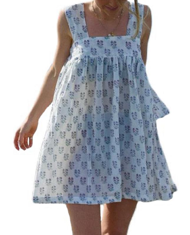 Image of Women Floral Tie Shoulder Mini Dress Cute Square Neck Loose Fit Beach Short Dress Backless Boho Vocation Sundress