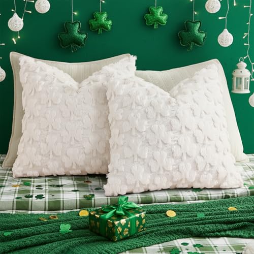 Image of decorUhome St. Patrick's Day Shamrock Pillow Covers 20x20 Inch Set of 2, Soft Plush Faux Wool Cream White Throw Pillow Covers, Farmhouse Spring Holiday Decor for Sofa Living Room