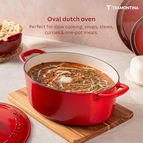 Image of TRAMONTINA Bestow Oval Dutch Oven 5.2L with Lid | Enameled Cast Iron Casserole Pot & Biryani Pot | Even Heat Retention | Low Oil Healthy Cooking | No Seasoning Required | All Cooktops Compatible | Red