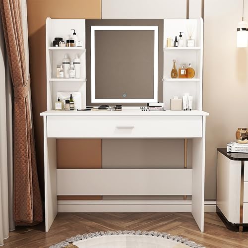 Recamara, Home Improvement FL Tocador de Maquillaje, Espejo y Luces de Brillo Ajustable, Tocador con 1 cajón de Almacenamiento 6 y estantes Abiertos, Muebles de Maquillaje Modernos para...