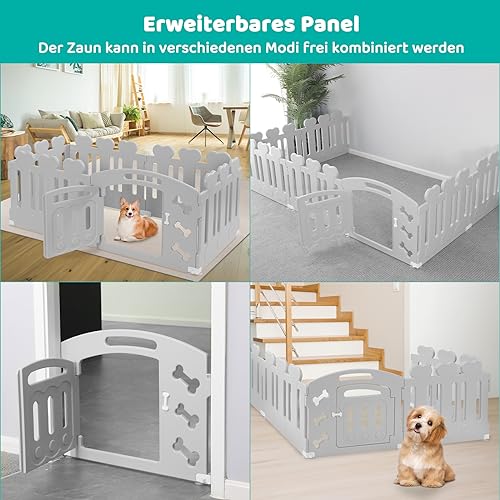 MAMIZO Welpenauslauf 60cm Hoch, Laufstall Hund 7+1 PCS Platten, Plastik Welpenlaufstall, Faltbare Hundegitter, Hundezaun mit Tor, Inkl. Saugnäpfe & Erdanker, Hundekäfig für Zuhause und Outdoor, Grau