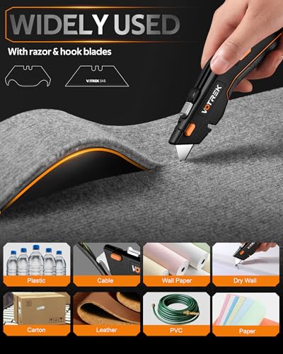 Image of VOTREK 2-Pack Box Cutter Utility Knife, [2-in-1] Retractable Box Cutter, Heavy Duty Safety Sharp Razor Knife for Home & Warehouse Cardboard, Carpet, [Blade Storage], with Extra Razor & Hook Blades