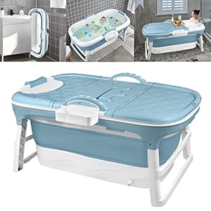 Aufun inklapbaar bad, ideaal voor badkamer, douche en balkon, met deksel en massagerollen, zeepmand, dik plastic draagbaar bad – blauw