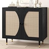 4ever2buy Black Rattan Sideboard Cabinet with Doors, Rattan Buffet Cabinet with Storage, Black Console Table with Adjustable Shelves, Living Room Storage Cabinets