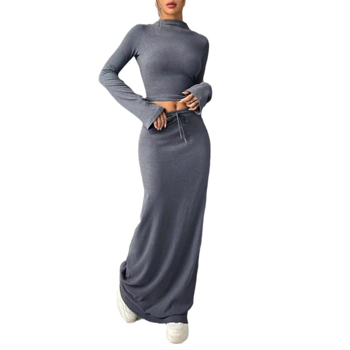 Womens Y2K 2 Piece Maxi Skirt Set Long Sleeve Turtleneck Crop Top Bodycon Drawstring Fishtail Skirt 2025