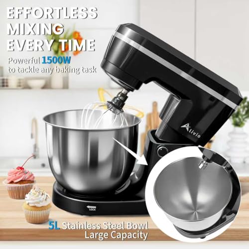 Alivio 5L Stand Mixer 1500W Heavy Duty Kitchen Mixer, 10+P Speed Control, Compact Electric Food Mixer with Dough Hook, Flat Beater & Whisk, Stainless Steel Bowl for Baking, Kneading & Whipping (Black) - Image 5