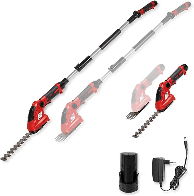 WALTER WALTER Akku Heckenschere/Grasschere, stufenlose Teleskopstange bis 120 cm, 12V Li-Ion, 1200 U/min, Laserschneidmesser, 160 mm Schnittlänge, 100 mm Schnittbreite, inkl. Akku, Schnellladegerät — Heckenscheren