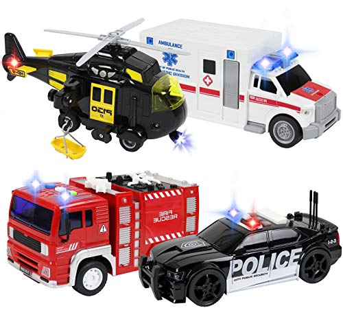 Teganplay Emergency Vehicles Toy Set [4 Pack] | Ambulance, Fire Engine Truck, Rescue Helicopter, Police Car Toys For Boys | Friction Powered With Realistic Lights And Sounds #TOP3