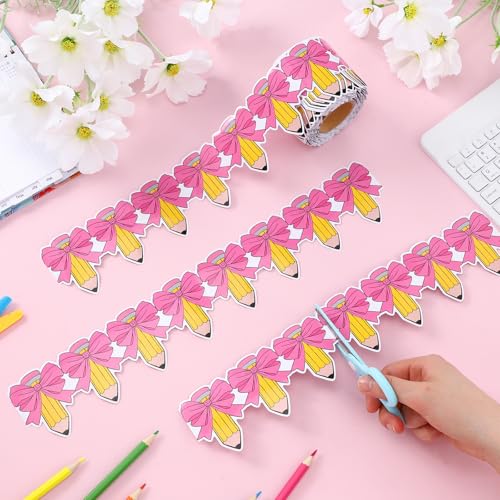 Image of Tenceur 65ft Bow Pencil Classroom Bulletin Board Border Die-Cut Border Trim Back to School Bulletin Board Decor for School Chalkboard Wall Window Door