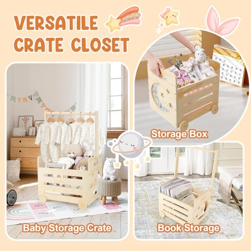 Image of Wooden Baby Shower Crate Closet with Wheels & Higher Handle, Pushable Baby Shower Gifts Baby Basket, Wooden Crate for Storage, Personalized Baby Gifts for Newborn Boy Girl New Parent, 28 inch x 13.6 inch x 9 inch