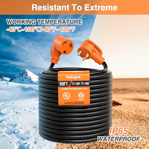 Image of Nilight 50FT 30 Amp RV Extension Cord with Adapter 15Amp to 30Amp 125V Heavy Duty 10 /3 Gauge Pure Copper STW Wire UL ETL Listed 3 Prong TT-30P TT-30R Weatherproof Suit for Generators Campers