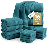 LANE LINEN Luxury Cotton Bath Towel Set of 16 - Soft, Absorbent & Quick Dry - 4 Bath, 8 Washcloths, 4 Hand Towels for Bathroom - OEKO TEX Certified - Smart & Durable Choice for Every Home - Sea Port