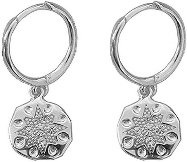 Hammered Disc Star Small Dangle Hoop Earrings for Women Girls Sterling Silver with Charms CZ Cartilage Huggie Hoops Drop Cuff Clip Punk Baroque Dainty Fashoin Jewelry Gifts Best Friend