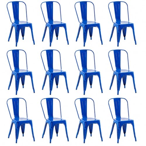 Image of Metal Dining Chairs with Backrest, Stackable, Blue, 12 Pack | Easy Assembly, Non-Slip Feet, 330 lb Capacity, Kitchen, Restaurant, Cafe, Pub, Covered Patio