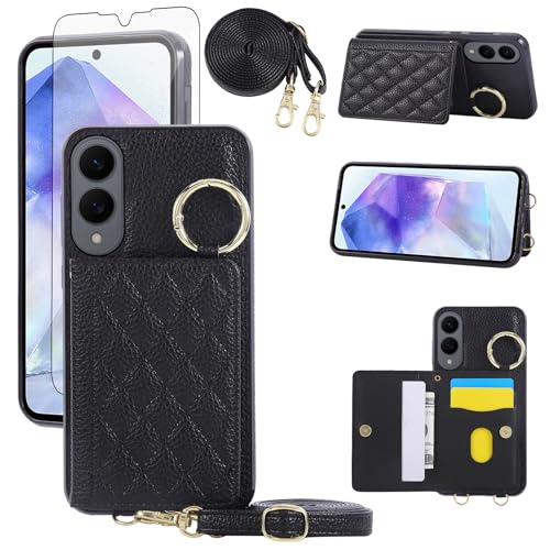 Asuwish Phone Case Samsung Galaxy S25 Edge Wallet Cover and Tempered Glass Screen Protector Crossbody Shoulder Strap Ring Buckle Stand Card Holder for S25Edge 25S S 25 25Edge Women Girls Men Black