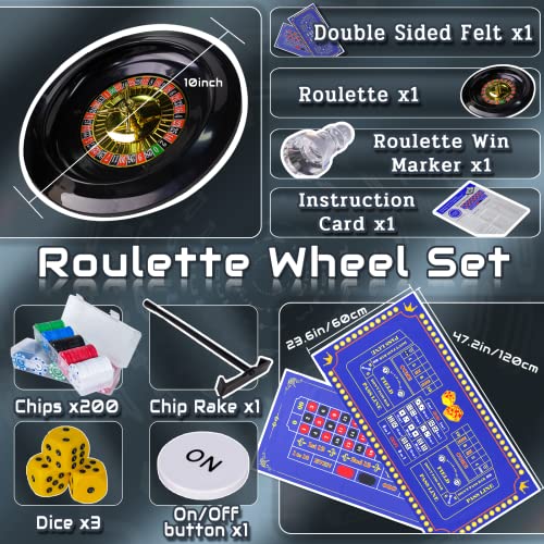 Extguds Roulette Wheel and Craps Set with Double Sided Felt, 10 Inch Roulette, Chip Rake, 200 Chips, Roulette Marker, 3 Dices, Perfect for Casino Game Night Party