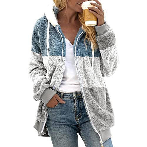 Fuzzy Fleece Jackets for Women Plus Size Hoodies Fall Winter Coats Color Block Patchwork Cardigan Coat with Pockets