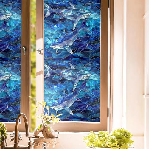 Vinilo decorativo para ventana estilo vitral azul 40x300 cm miniatura 1