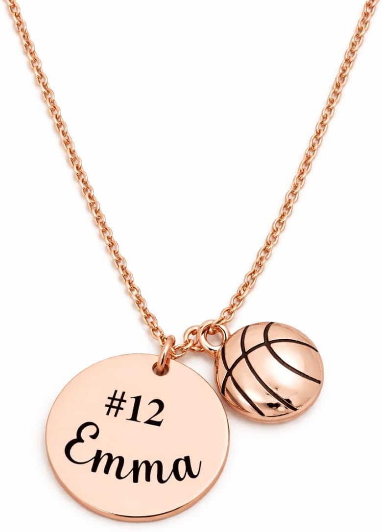Personalized Basketball Necklace with Name and Jersey Number, Rose Gold Charm Necklace, Custom Sports Jewelry Gift for Basketball Players, Teens and Women