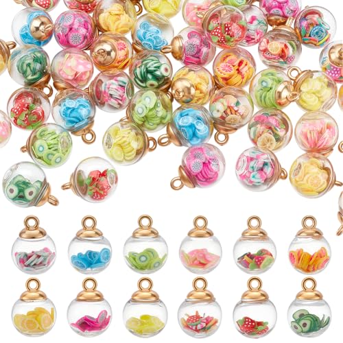 CRAFTYMELODY 96 pièce de Breloques Boules de Verre Bicolores Pendentifs Boules de Verre Transparents avec Sequins Brillants en Forme de Fruits Breloques Colorées à...
