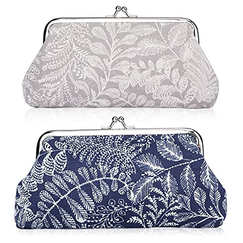 Oyachic 2 Packs Grand Porte-Monnaie Kiss Lock Coin Purse Feuille Pochette Vintage Pochette Longue Porte-Monnaie Femmes Portefeuille Fermoir clic-clac (Dunkelblau + Braun)