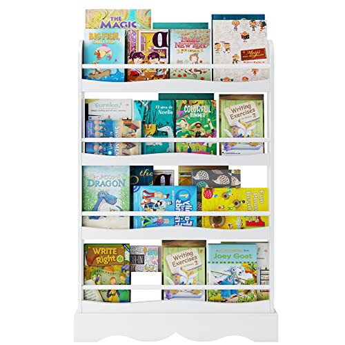 Image of 4-Tier Bookshelf, 31.5L x 5.3W x 46.5H Wall Mounted Floating Display Storage Shelves Book Rack, Organizer Stand for Books Toys in Playroom Living Room Bedroom, White