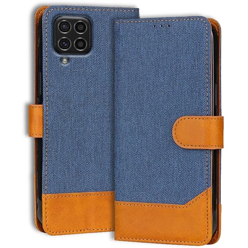 Image of Accesorios Samsung F62 Denim & Leather Flip Back Cover Case | Vegan Leather | Kick Stand & Pockets | Protective Back Flip Cover for Samsung Galaxy F62 (Blue)