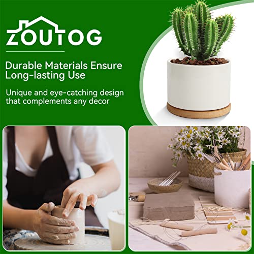 ZOUTOG Succulent Planter, White Mini 3.15 inch Ceramic Flower Planter Pot with Bamboo Tray, Pack of 4 - Plants Not Included - Thumbnail 4