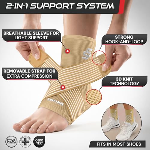 Image of Sleeve Stars Ankle Brace for Women & Men, Ankle Wrap for Sprained Ankle, Compression Sleeve for Plantar Fasciitis Relief, Easy Customizable Support: w /Removable Strap (Single /L:12 inch-13 inch /Beige)