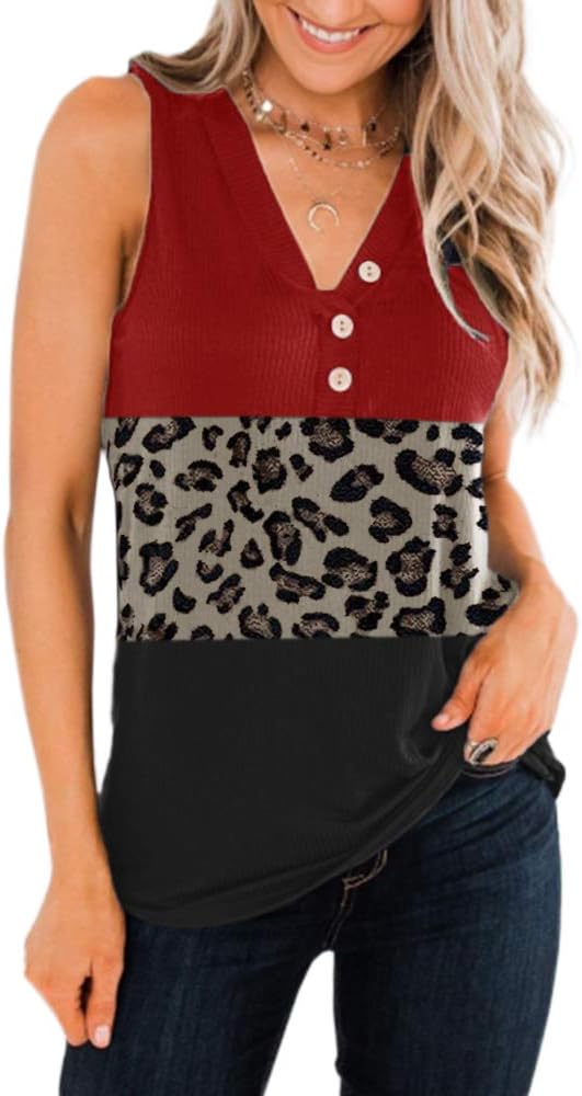 Valphsio Womens Henley Tank V Neck Leopard Patchwork Ribbed Sleeveless Tunic Tees Red