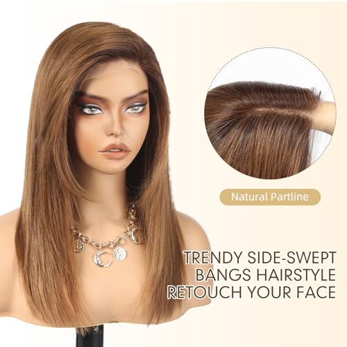 Image of KKU 100% Human Hair Wigs for Women,Real Human Hair Wigs,Side Swept Bangs Lace Front Wig(16 Inch,Ombre Brown)