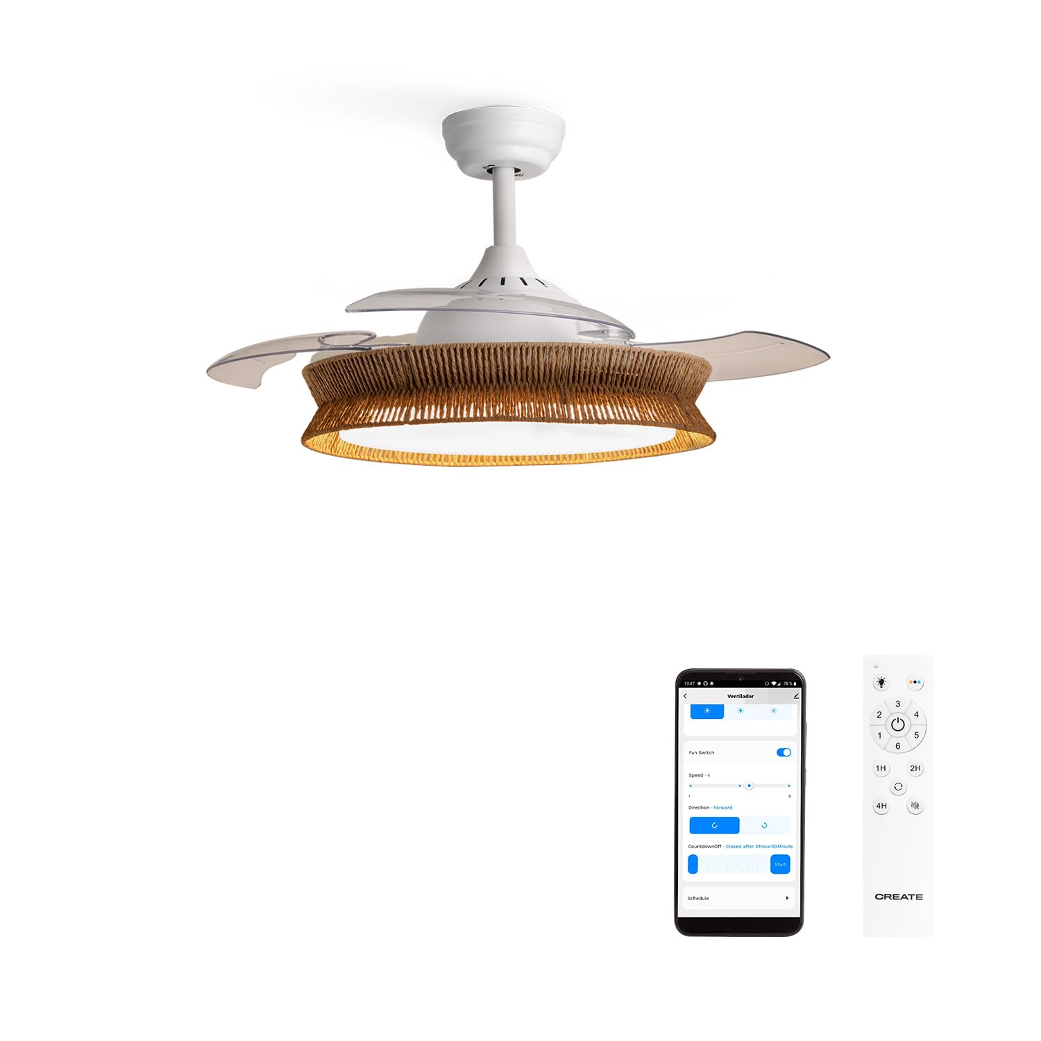 CREATE / WIND CLEAR/Ventilador de techo con luz blanco y mimbre trenzado con mando y Wifi / 40W, Ø108 cm,temporizador, 6velocidades, aspas retráctiles, 3temperaturas de luz, función verano-invierno