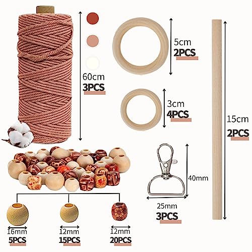 HanCheng Macrame Yarn Set, 60m, 3mm, 3 Colors (Beige, Bordeaux, Dusky Pink) With 40 Wooden Beads, 6 Rings, 2 Sticks, 3 Keyrings - Image 3
