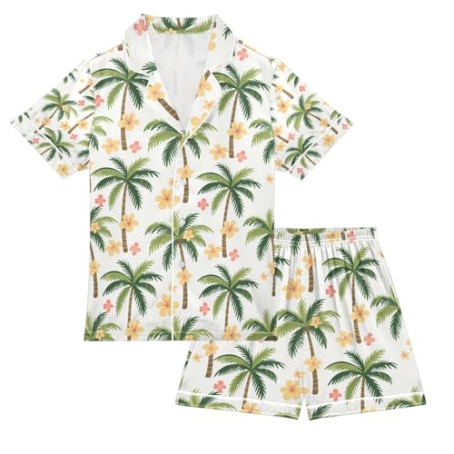 senya Palm Trees Flowers A Satin Summer Pajama Sets Silk Short Sleeve Button Down Sleepwear