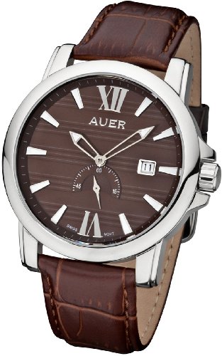 Montre Homme AUER 194 Bracelet Cuir Marron Argent Cadeau Idéal