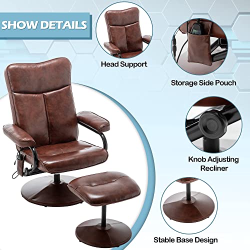 Mellcom Recliner Chair With Ottoman, Office Lounge Chair With Vibration Massage, Swivel Lounge Armchair For Living Room Bedroom, Remote Control, Side Pocket, Brown #TOP6