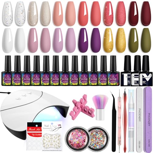 Gel Nail Polish Kit with 36W UV LED Nail Lamp, Phoenixy 12 Colours Gel Nail Set Base Glossy Matte Top Coat Starter Kit Gift for Women Design Nail at Home