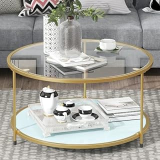 Round Tempered Glass Coffee Table, Modern Accent Side Coffee Table, Metal Frame, Suitable for Living Room, Dining Room, Apartment, Small Space - Gold, 85 x 85 x 46 cmUK Fast Delivery
