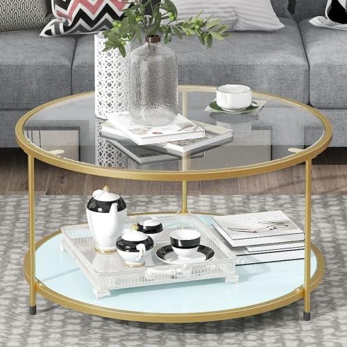 Round Tempered Glass Coffee Table, Modern Accent Side Coffee Table, Metal Frame, Suitable for Living Room, Dining Room, Apartment, Small Space - Gold, 85 x 85 x 46 cmUK Fast Delivery